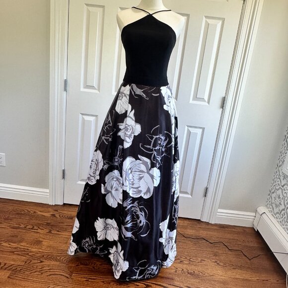 Blondie Nites Black Floral Halter Prom Wedding Guest Black Tie Maxi Dress Size 4 - Picture 1 of 9